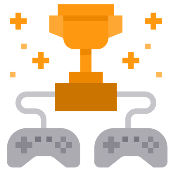 Cartoon depiction of two game controllers connected to a sparkling trophy