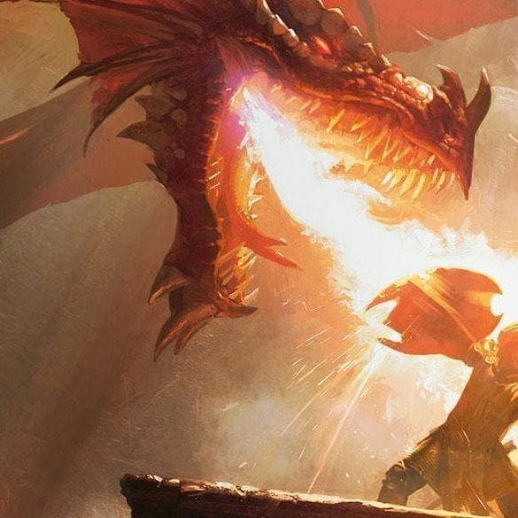 Dragon breathing fire on a person who is holding their shield out, blocking the fire