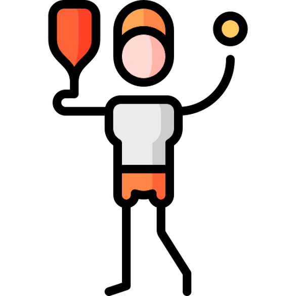 Cartoon depiction of a Pickleball player with an orange hat, white shirt, orange shorts, and light orange ball.