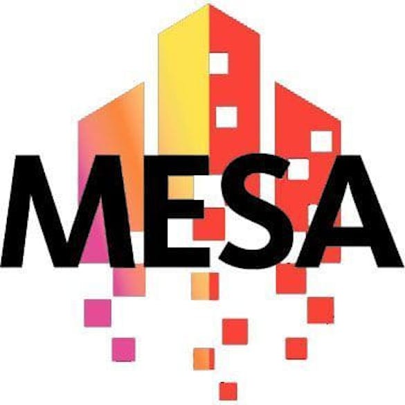 MESA logo; warm colored pixelated buildings with the word 