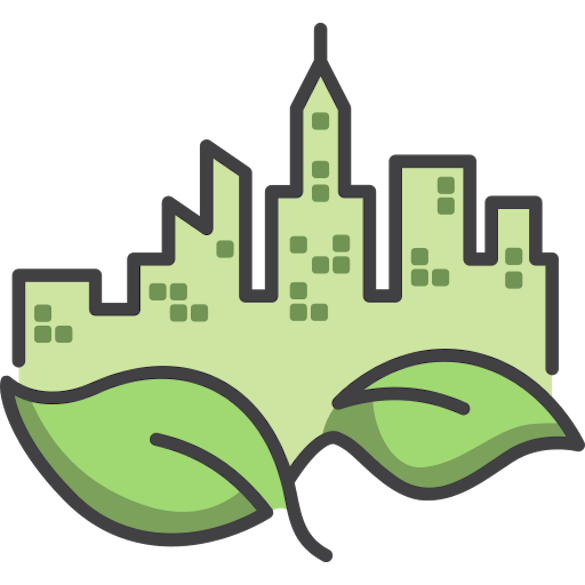 green cityscape above two leaves