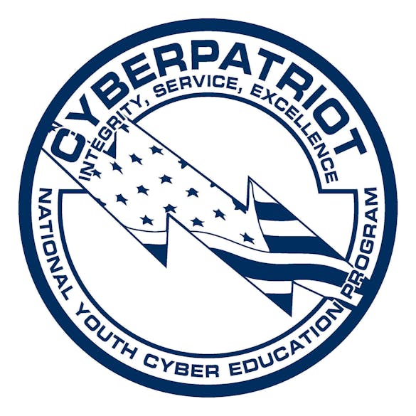 CyberPatriot logo; a circle with a lightning bolt showing the American flag through the middle. The words 