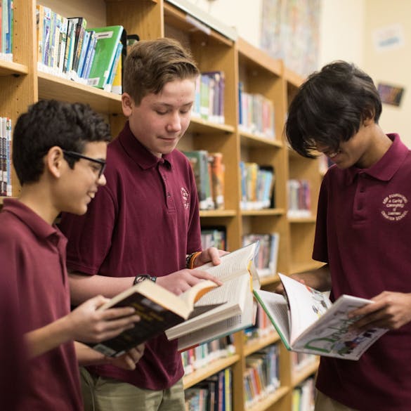  Three male students reading books in library 