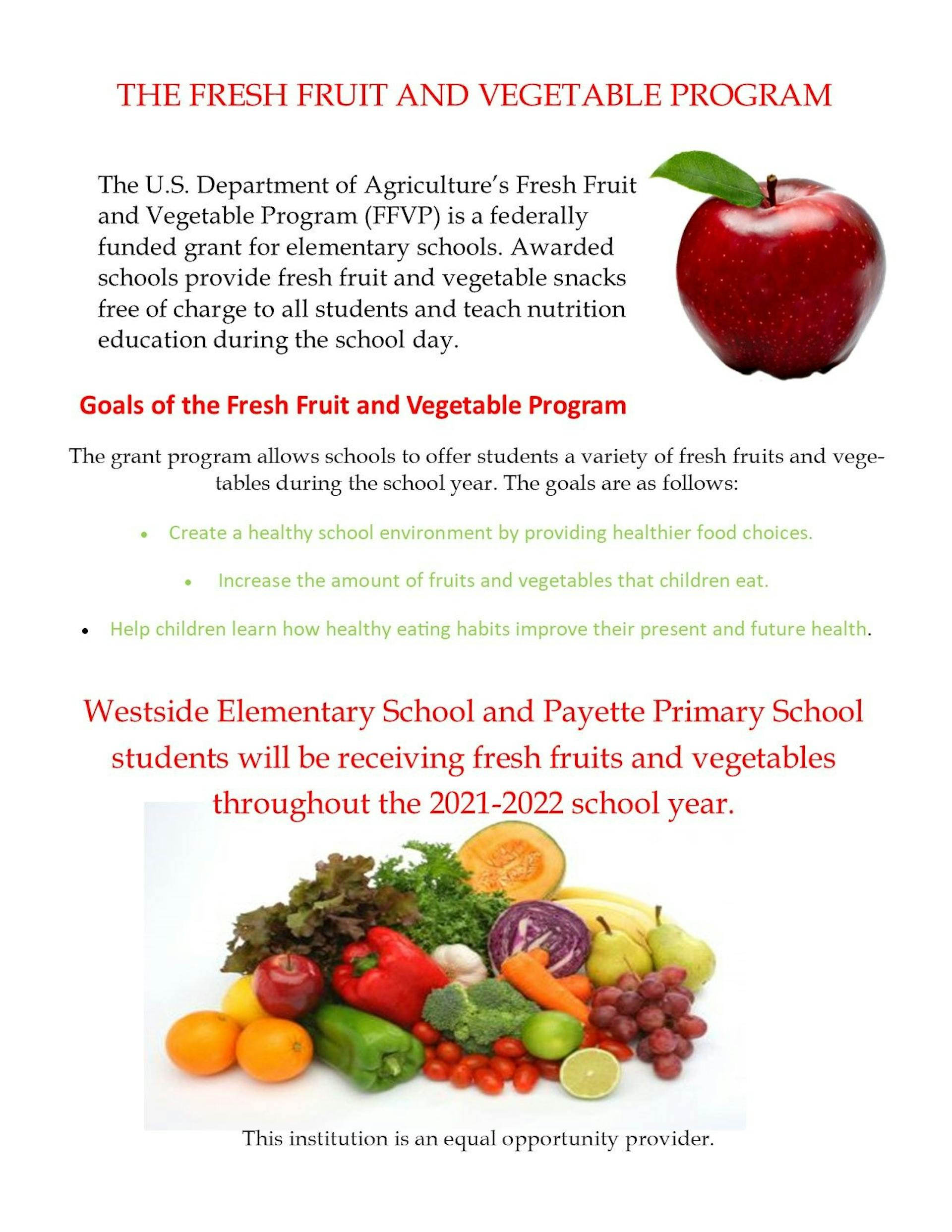 Flyer of The Fresh Fruit and Vegetable program at the Primary and Westside Schools