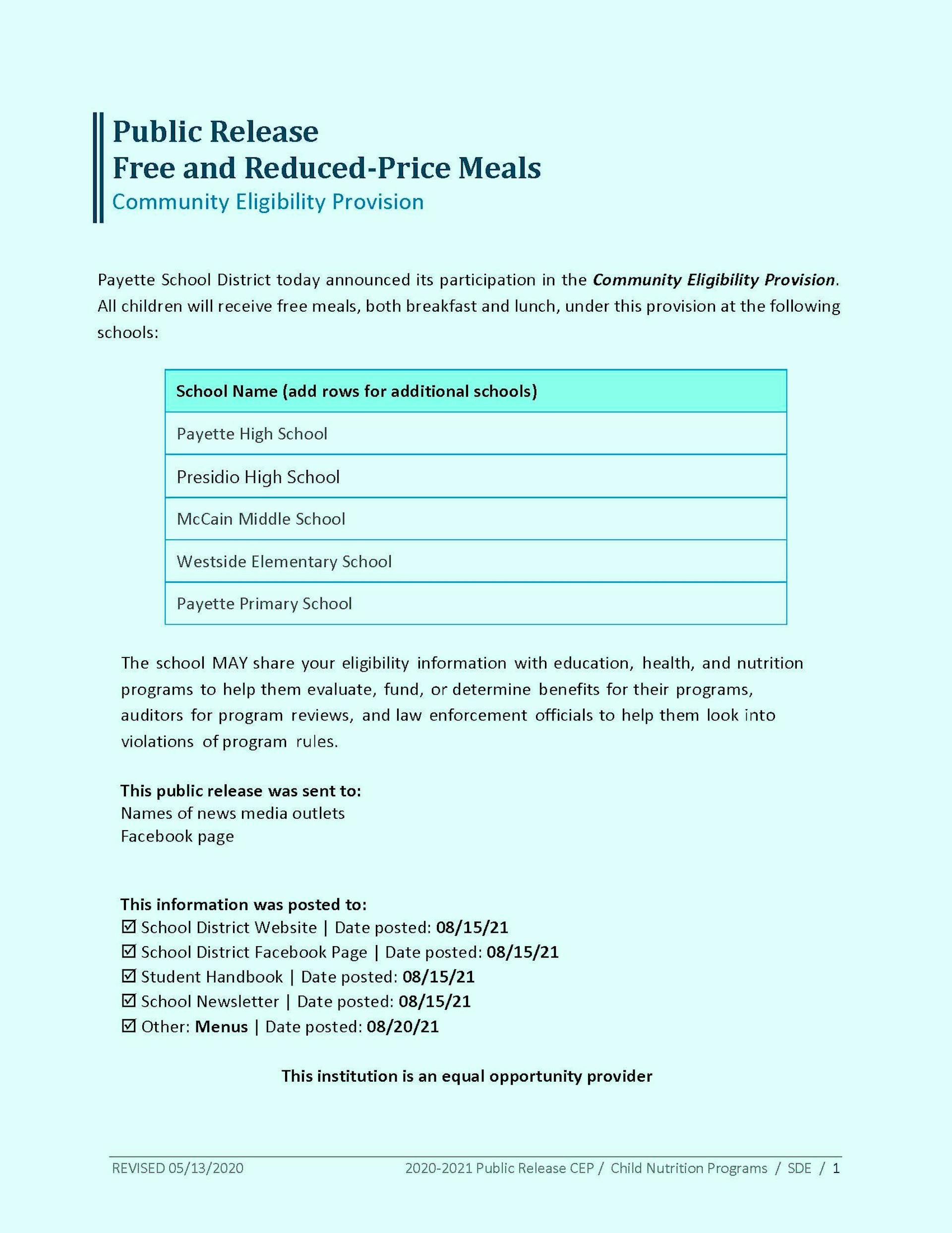 Free and Reduced Meals Public Release