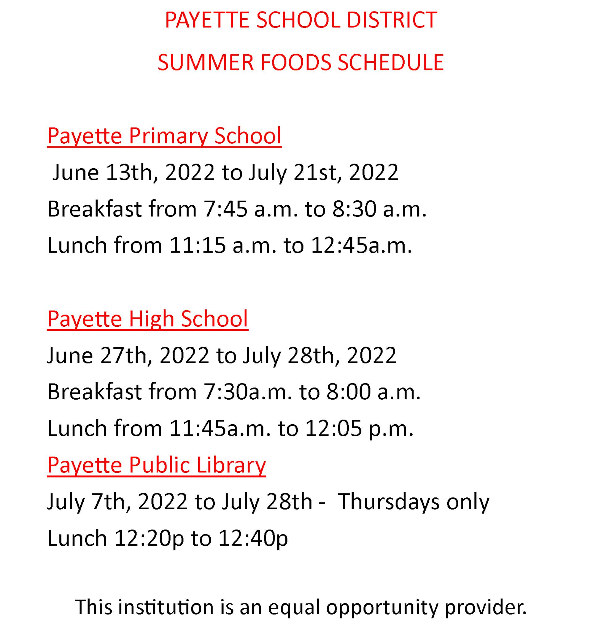  Times and Places for Summer Food Program 